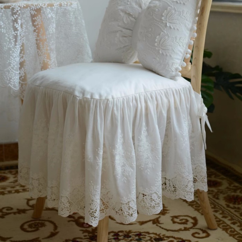 Visitor Chair Padded - European Style White Lace Embroidery Gathers